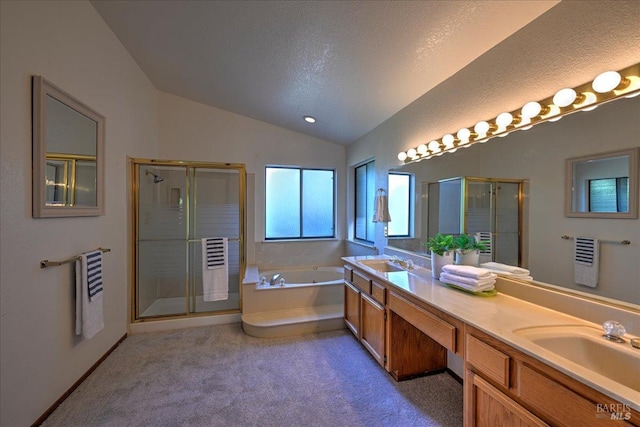 bathroom featuring vanity, shower with separate bathtub, a textured ceiling, and vaulted ceiling