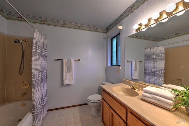 full bathroom featuring a textured ceiling, vanity, toilet, and shower / bathtub combination with curtain