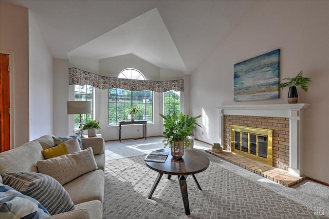 living room featuring a fireplace, carpet floors, and lofted ceiling