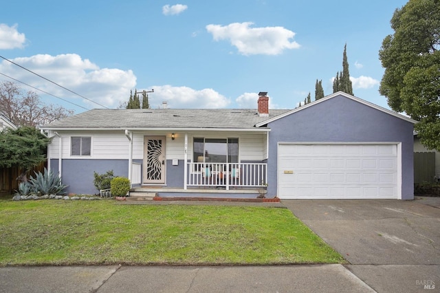 ranch-style house with a front yard, a porch, and a garage