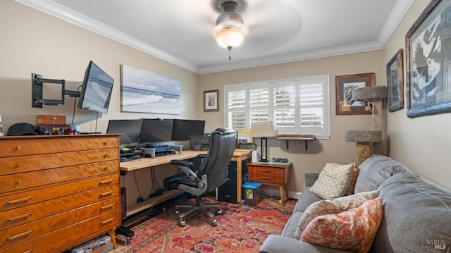 home office with ceiling fan, baseboards, and crown molding