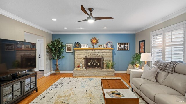 living room featuring a stone fireplace, ornamental molding, ceiling fan, and light wood-type flooring