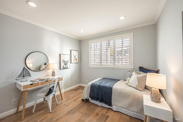 bedroom with light wood-type flooring and ornamental molding