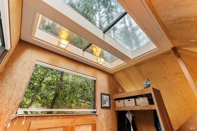 details with wood walls and a skylight