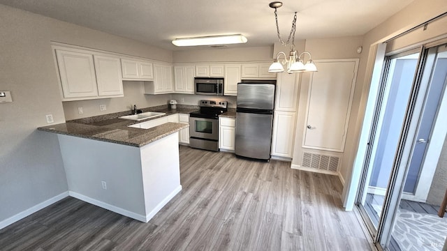 kitchen featuring stainless steel appliances, pendant lighting, white cabinets, and kitchen peninsula