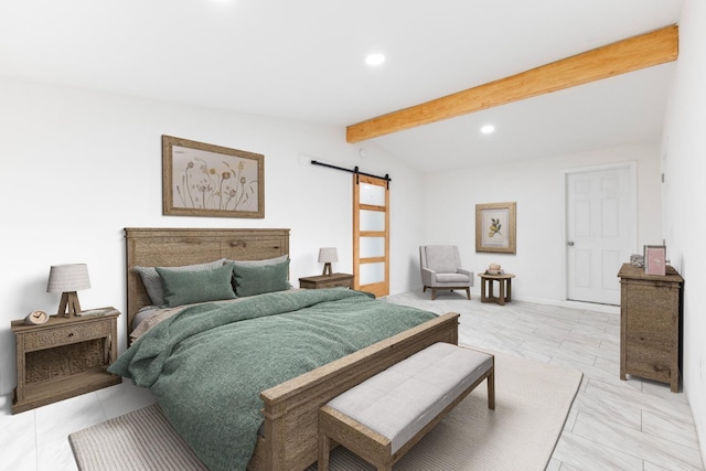 bedroom featuring lofted ceiling with beams, a barn door, and recessed lighting