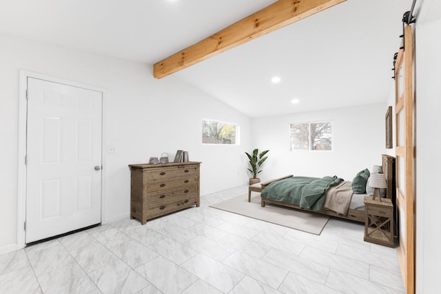 bedroom featuring vaulted ceiling with beams, a barn door, and recessed lighting