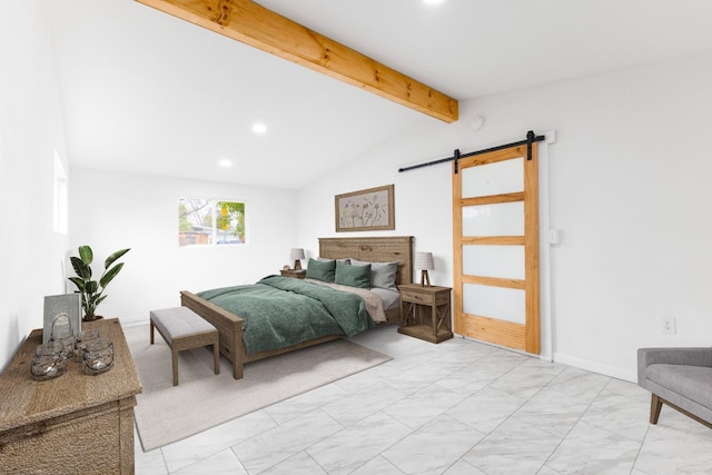 bedroom with vaulted ceiling with beams, marble finish floor, a barn door, and recessed lighting