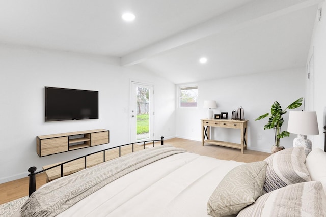 bedroom featuring vaulted ceiling with beams, access to outside, light wood-type flooring, and baseboards