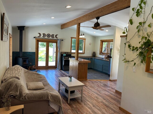 34620 Eureka Hill Rd, Point Arena, CA 95468 - living room with dark wood-type flooring, a wood stove, a ceiling fan, recessed lighting, and baseboards
