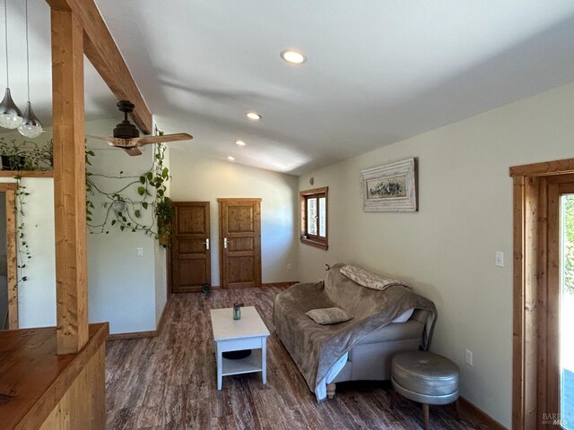34620 Eureka Hill Rd, Point Arena, CA 95468 - living area featuring plenty of natural light, vaulted ceiling, dark wood-style flooring, recessed lighting, and baseboards