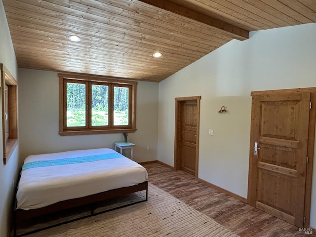 34620 Eureka Hill Rd, Point Arena, CA 95468 - bedroom featuring wooden ceiling, wood finished floors, baseboards, and recessed lighting