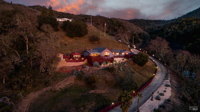 view of aerial view at dusk