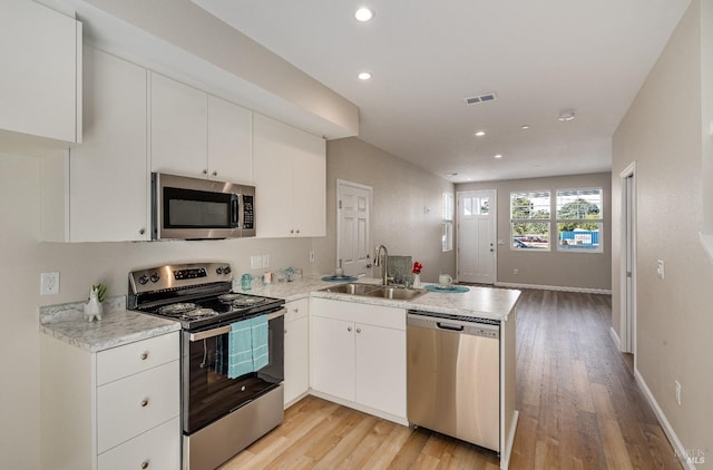 kitchen with sink, white cabinets, kitchen peninsula, stainless steel appliances, and light wood-type flooring