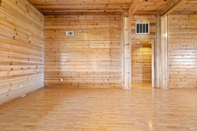 empty room featuring wooden walls, light hardwood / wood-style flooring, and wooden ceiling