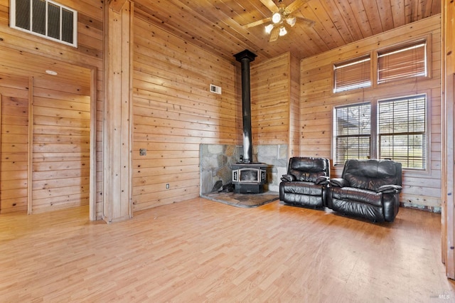 unfurnished room featuring a wood stove, ceiling fan, wood-type flooring, wooden walls, and wood ceiling