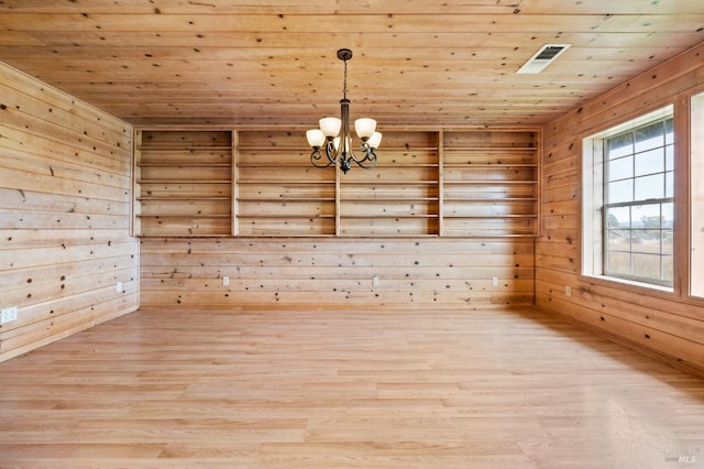 spare room with hardwood / wood-style floors, a notable chandelier, wood walls, and wood ceiling