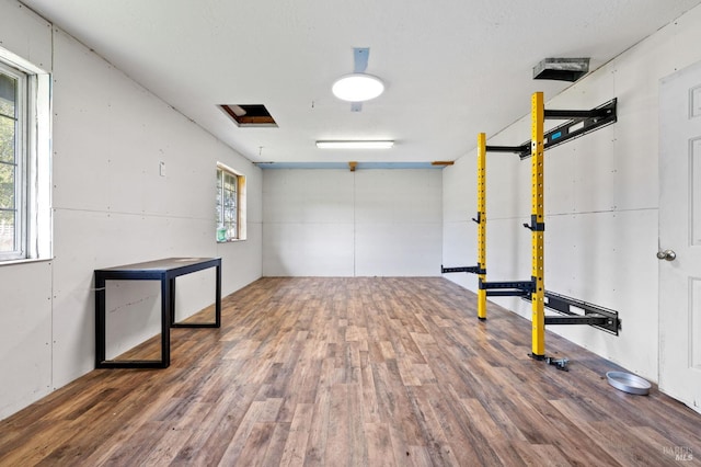 workout room featuring hardwood / wood-style floors