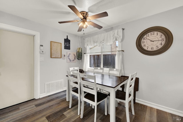 dining space with ceiling fan and dark hardwood / wood-style flooring