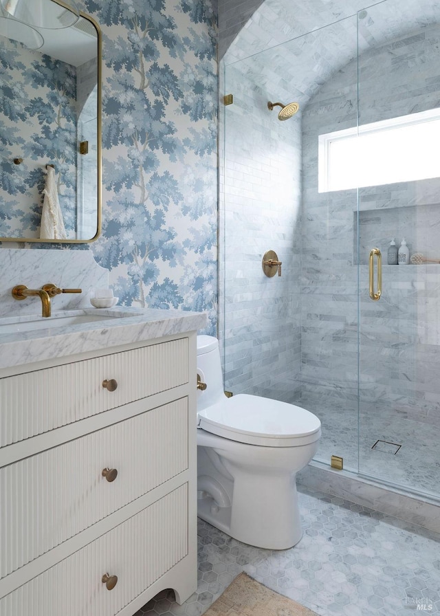 bathroom with toilet, vanity, and walk in shower