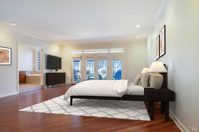 bedroom featuring access to exterior, french doors, ensuite bath, crown molding, and hardwood / wood-style floors