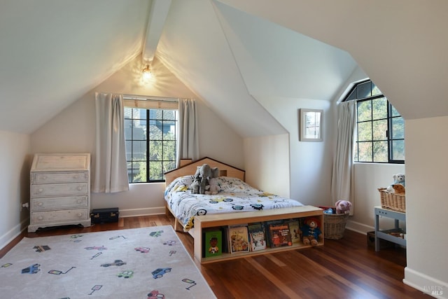 bedroom featuring dark hardwood / wood-style floors and vaulted ceiling