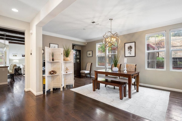 dining space featuring a chandelier, beam ceiling, ornamental molding, and dark wood-type flooring