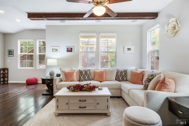 living room featuring beamed ceiling, a healthy amount of sunlight, and light hardwood / wood-style floors