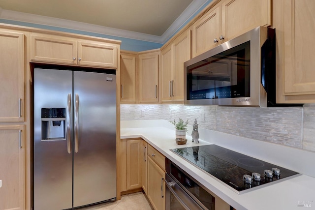 kitchen with tasteful backsplash, ornamental molding, stainless steel appliances, light tile patterned floors, and light brown cabinets