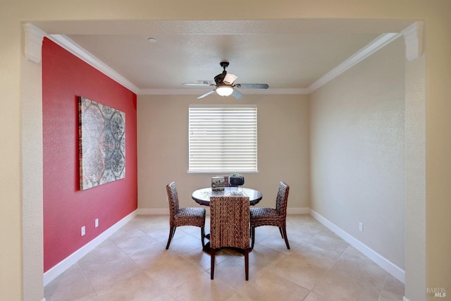 dining room with ceiling fan and ornamental molding