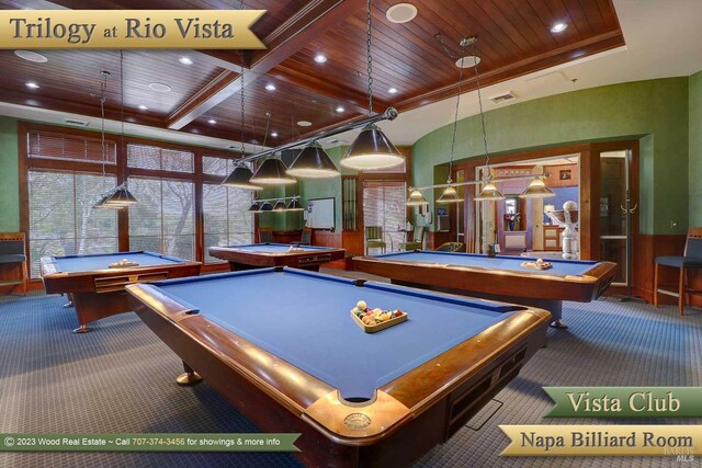 rec room featuring carpet flooring, wooden ceiling, a high ceiling, and billiards