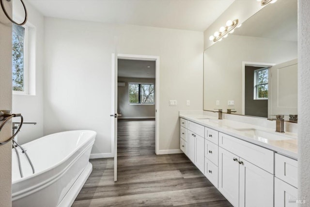 bathroom featuring vanity, a bath, and wood-type flooring