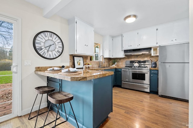 kitchen with a peninsula, under cabinet range hood, white cabinetry, and stainless steel appliances