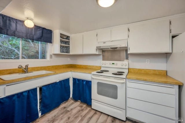 kitchen with light wood-type flooring, sink, white cabinetry, and electric stove