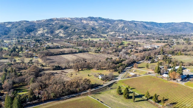 birds eye view of property featuring a mountain view and a rural view