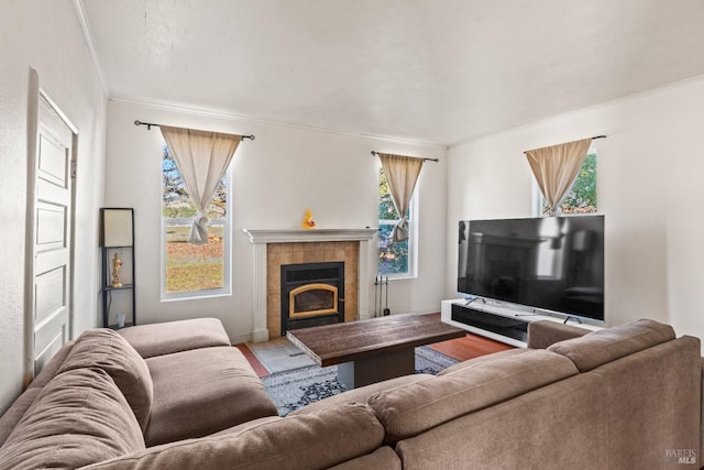 living room with a healthy amount of sunlight, wood-type flooring, and a tiled fireplace