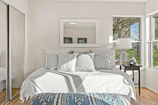 bedroom featuring multiple windows, a closet, and light wood-type flooring