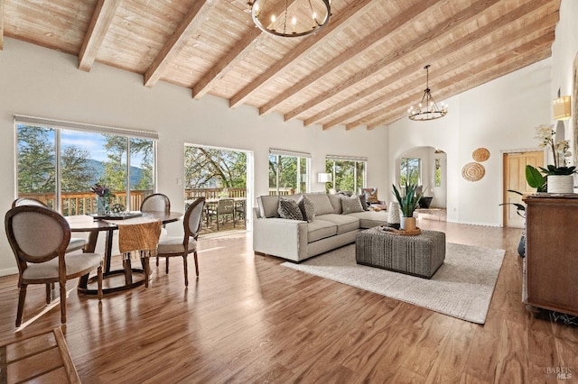 living room featuring beam ceiling, wood-type flooring, high vaulted ceiling, an inviting chandelier, and wooden ceiling