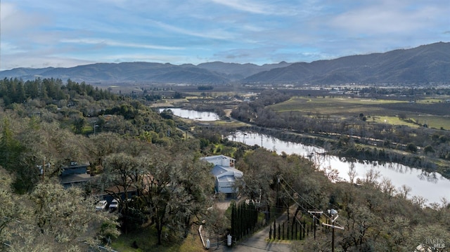 birds eye view of property featuring a water and mountain view