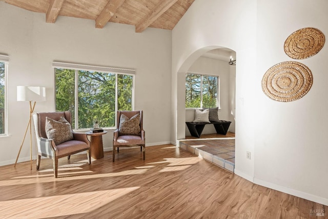 sitting room with wood ceiling, high vaulted ceiling, hardwood / wood-style floors, and beamed ceiling