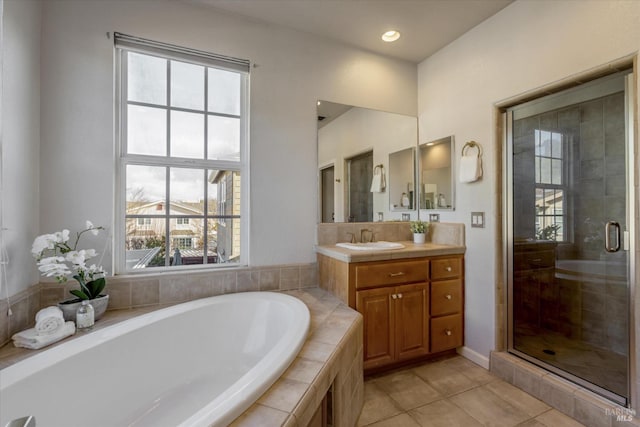 20 Oak Grove Dr, Novato, CA 94949 - full bath with vanity, recessed lighting, a shower stall, tile patterned floors, and a bath