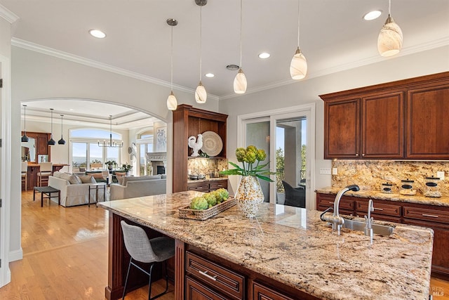 kitchen with light stone countertops, ornamental molding, decorative backsplash, and sink