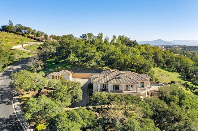 birds eye view of property featuring a mountain view