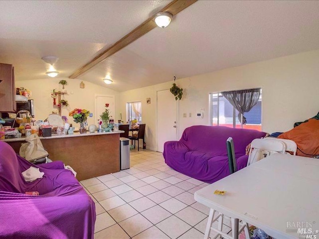 tiled living room with vaulted ceiling with beams