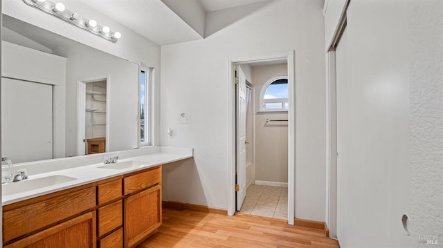 bathroom with hardwood / wood-style floors and vanity