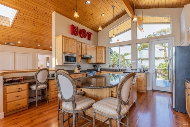 kitchen with wooden ceiling, a skylight, stainless steel appliances, and wood finished floors