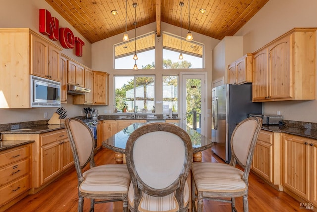 kitchen featuring stainless steel appliances, hanging light fixtures, dark stone counters, light brown cabinetry, and hardwood / wood-style flooring