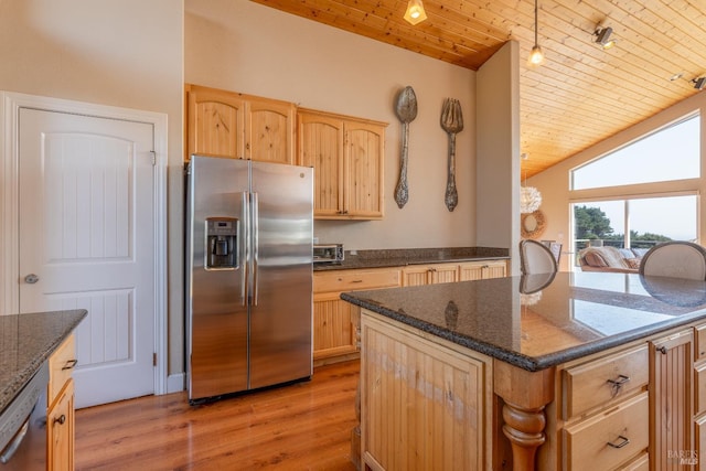 kitchen featuring light brown cabinets, stainless steel appliances, wood ceiling, vaulted ceiling, and light wood-type flooring