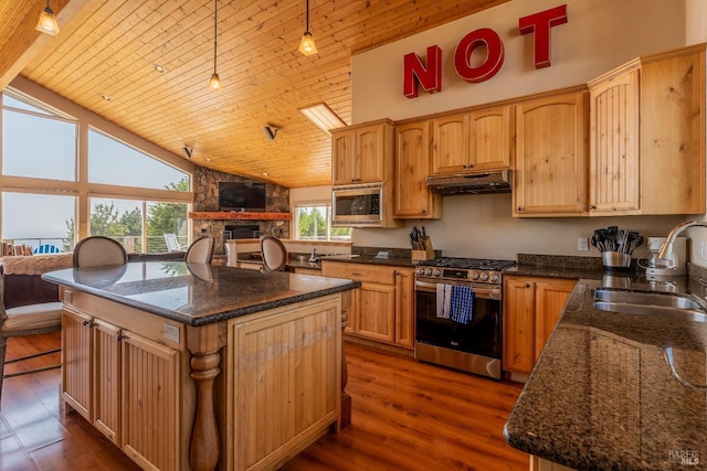 kitchen featuring sink, a center island, stainless steel appliances, and dark hardwood / wood-style floors