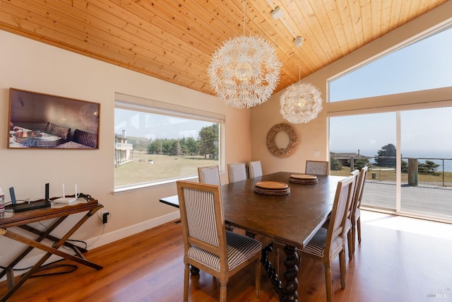 dining space with hardwood / wood-style floors, wood ceiling, vaulted ceiling, and a notable chandelier